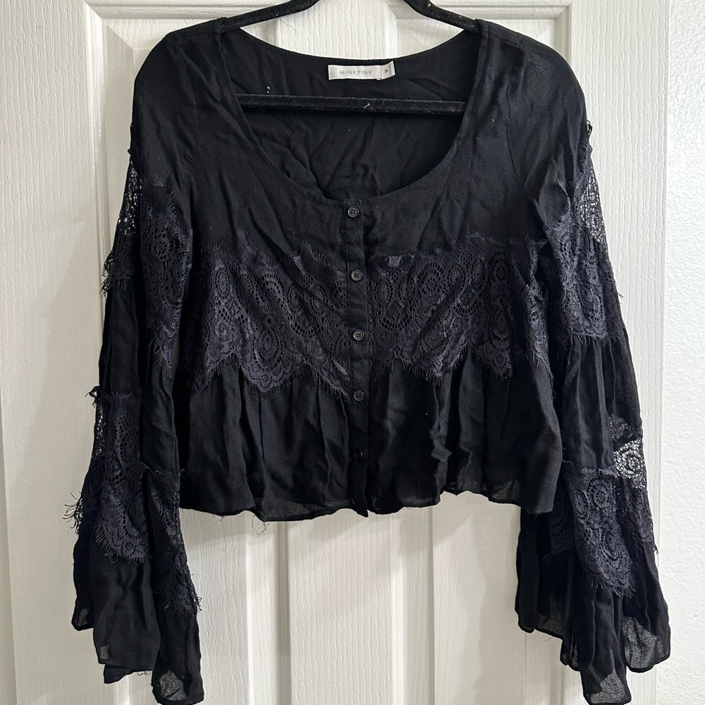 MINKPINK Black Lace Button-Up Blouse